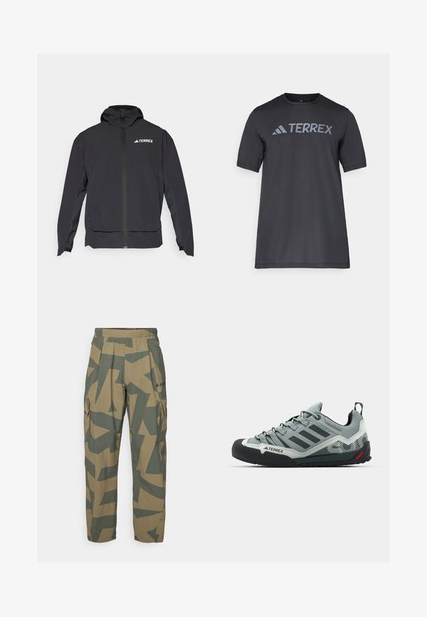 Svart Terrex-jacka med dragkedja fram, huva och logotyp på övre vänstra sidan. Har en strömlinjeformad design och en slät textur.; Svart kortärmad t-shirt gjord av lätt tyg, med en ljusgrå "TERREX"-logotyp över bröstet och rund halsringning.; Camo cargo byxor i beige och grön, med elastisk midja, flera sidofickor och abstrakta geometriska mönster.; Grå klätterskor med entexturerad ovandel, svart gummikåpa på tån, tre mörka ränder och en liten röd accent på sulan.