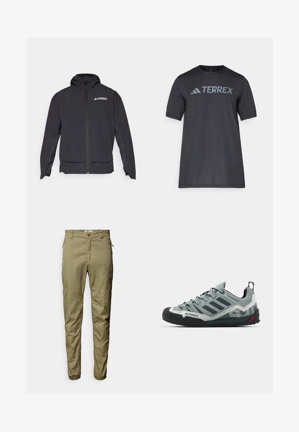 Zwarte Terrex-jas met een ritssluiting aan de voorkant, kap en logo aan de bovenlinkerzijde. Beschikt over een strak ontwerp en een zachte textuur.; Zwarte korte mouwen t-shirt van lichtgewicht stof, met een lichtgrijze "TERREX" logo over de borst en een ronde hals.; Olijfgroene broek van lichtgewicht stof, met voorzakken, een ritsdetail aan de zijkant en elastische manchetten.; Grijze klimschroeve met een gestructureerde bovenkant, zwarte rubberen neuskap, drie donkere strepen en een klein rood accent op de zool.
