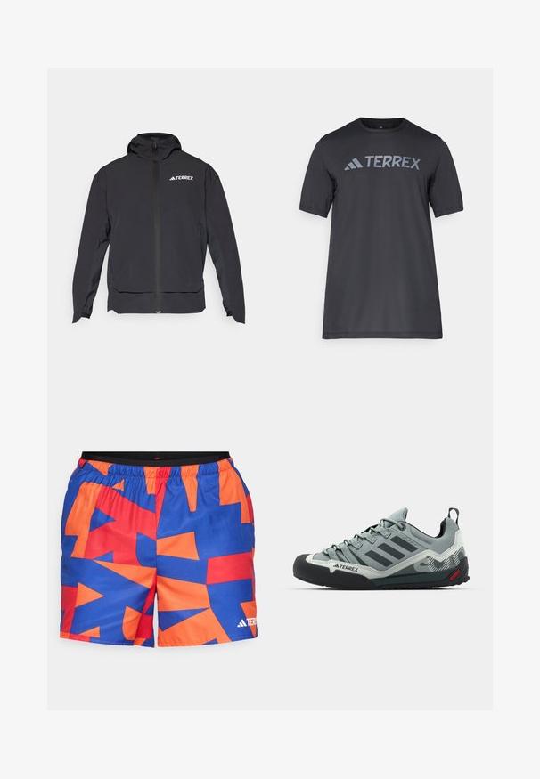 Črna jakna Terrex z zadrgo na sprednji strani, kapuco in logotipom na zgornji levi strani. Ponaša se z elegantnim dizajnom in gladko teksturo.; Črna majica s kratkimi rokavi iz lahkega materiala, ki ima odtisnjen svetlo sivi logotip "TERREX" čez prsi in okrogel izrez.; Plavače kratke hlače iz lahkega materiala z geometrijskim vzorcem v modri, oranžni in rdeči barvi, s poudarjeno elastično pasom in detajlom logotipa.; Sive plezalne copate z teksturiranim zgornjim delom, črnimi gumi prikritki na prstih, tremi temnimi črtami in majhnim rdečim poudarkom na podplatu.