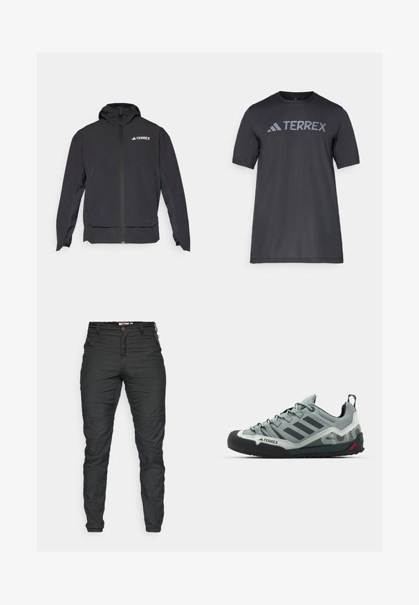 Schwarze Terrex-Jacke mit einem Reißverschluss vorne, Kapuze und Logo auf der oberen linken Seite. Verfügt über ein elegantes Design und eine glatte Textur.; Schwarzes T-Shirt mit kurzen Ärmeln aus leichtem Stoff, mit einem hellgrauen "TERREX"-Logo auf der Brust und einem Rundhalsausschnitt.; Schwarze, taillierte Hosen aus strapazierfähigem Stoff. Merkmale umfassen einen Reißverschluss vorne, Gürtelschlaufen und seitliche Taschen mit Reißverschlüssen. Glatte Textur.; Graue Kletterschuhe mit einer strukturierten Oberseite, schwarzer Gummi-Zehenkappe, drei dunklen Streifen und einem kleinen roten Akzent an der Sohle.