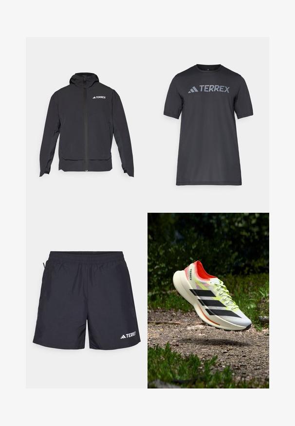 Melnā Terrex jaka ar rāvējslēdzēju priekšpusē, ērtu kapuci un logotipu augšējā kreisajā pusē. Tai ir eleganta dizaina un gluda virsma.; Melna īsām piedurknēm T-kreklu, kas izgatavots no viegla auduma, ar gaismu pelēku "TERREX" logo krūšu daļā un apaļu kakla izgriezumu.; Melnās sporta šortos, kas izgatavoti no viegla auduma, ir elastīga josta, sānu kabatas un balts logo labajā apakšējā stūrī.; Viegls skriešanas apavu balā krāsā ar melnām svītrām, sarkaniem akcentiem un dzeltenām auklām; tam ir strukturēts virsējais slānis un mīkstināta zolīte.