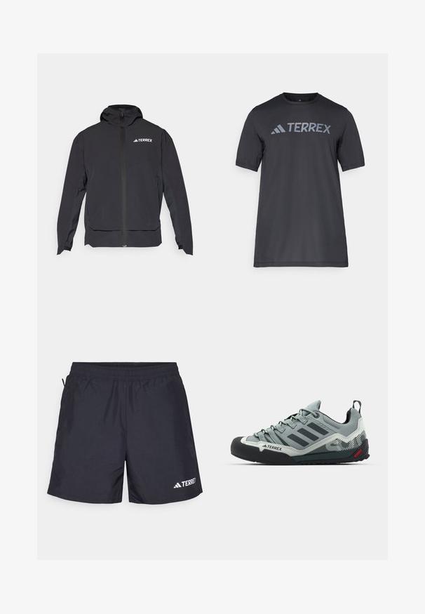 Must mängude värviline Terrex jope, millel on lukuga eesmine osa, kapuuts ja logo vasakul ülal. Omab sujuvat disaini ja pehmet tekstuuri.; Must musta t-särk, mis on valmistatud kergetest kangast, millel on kergehall "TERREX" logo rinnaeest ja ümar kaelus.; Mustad must sportlikud lühikesed püksid, mis on valmistatud kergest kangast, kummist vöökoht, küljetaskud ja valge logo all paremal.; Hallid hallid ronimissaapad, millel on tekstureeritud pealispind, must kummist varbakaitse, kolm tumedat triipu ja väike punane aktsent tallal.