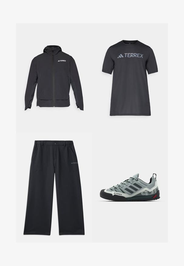 Fekete Terrex dzseki cipzárral elöl, kapucnival és logóval a bal felső részen. Sleek dizájnjával és sima textúrájával emelkedik ki.; Fekete, rövid ujjú póló, könnyű anyagból készült, világosszürke „TERREX” logóval a mellrészen és kerek nyakkivágással.; Fekete, laza szabású férfi kültéri nadrág, két oldalzsebbel és gombos záródással. Tartós, könnyű anyagból készült.; Szürke mászócipők, érdes felsőrésszel, fekete gumi orral, három sötét csíkkal és egy kis piros akcentussal a talpon.