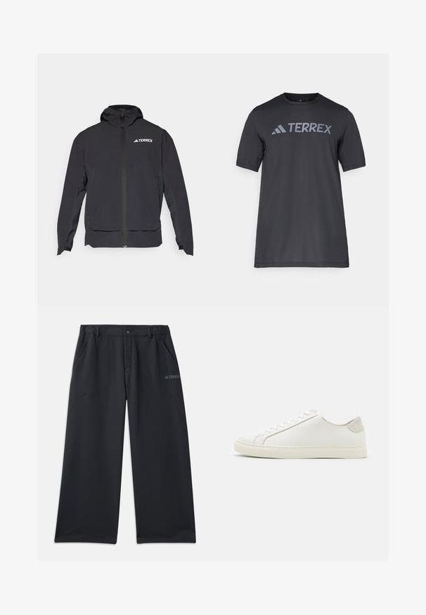 Melnā Terrex jaka ar rāvējslēdzēju priekšpusē, ērtu kapuci un logotipu augšējā kreisajā pusē. Tai ir eleganta dizaina un gluda virsma.; Melna īsām piedurknēm T-kreklu, kas izgatavots no viegla auduma, ar gaismu pelēku "TERREX" logo krūšu daļā un apaļu kakla izgriezumu.; Melnas āra bikses ar brīvu piegriezumu, kurās ir divas sānu kabatas un pogas aizdare. Izgatavotas no izturīga, viegla materiāla.; Balti ādas sporta apavi ar gludu virsmu, noapaļotu purngala daļu un minimālistisku dizainu. Iezīmējas ar bežām akcentiem uz papēža un gumijas zoli.