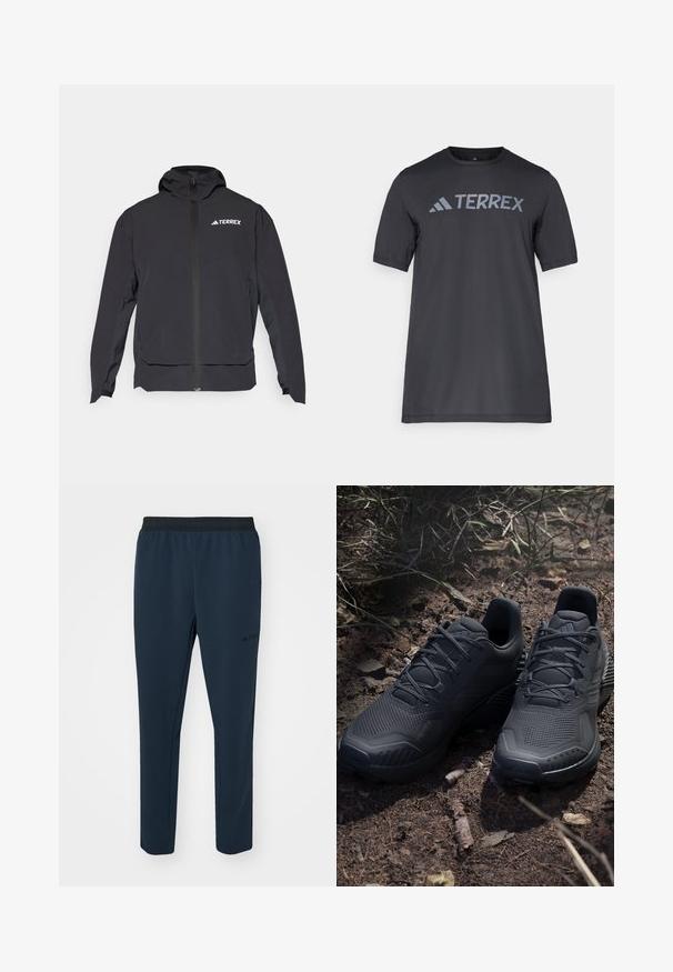 Czarna kurtka Terrex z zamkiem z przodu, kapturem i logo na górze z lewej strony. Posiada elegancki design i gładką teksturę.; Czarny t-shirt z krótkim rękawem wykonany z lekkiego materiału, z jasnoszarym logo "TERREX" na piersi oraz okrągłym dekoltem.; adidas Terrex - Spodnie treningowe; Czarne sportowe buty z teksturowanym cholewką z dzianiny, wzmocnionym noskiem i amortyzowaną podeszwą, wystawione na ziemi z naturalnym podłożem, z rozsypanymi gałązkami.