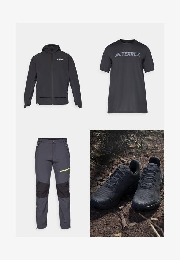 Casaco Terrex preto com fecho na frente, capuz e logótipo no canto superior esquerdo. Apresenta um design elegante e uma textura suave.; Camiseta preta de manga curta feita de tecido leve, com o logótipo cinza-claro "TERREX" atravessando o peito e um decote redondo.; CMP MAN PANT - Calças para exterior - antracite/nero/acido; Sapatilhas atléticas pretas com um cabedal de malha texturizada, biqueira reforçada e sola acolchoada, expostas sobre um solo terroso com ramos espalhados.
