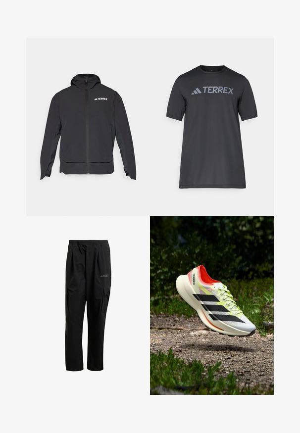 Casaco Terrex preto com fecho na frente, capuz e logótipo no canto superior esquerdo. Apresenta um design elegante e uma textura suave.; Camiseta preta de manga curta feita de tecido leve, com o logótipo cinza-claro "TERREX" atravessando o peito e um decote redondo.; Calças cargo pretas feitas de material leve, com um cós elástico, bolsos laterais e um logo discreto na coxa.; Tênis de corrida leve em branco com riscas pretas, detalhes em vermelho e atacadores amarelos; apresenta parte superior texturizada e sola acolchoada.