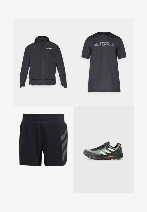 Must mängude värviline Terrex jope, millel on lukuga eesmine osa, kapuuts ja logo vasakul ülal. Omab sujuvat disaini ja pehmet tekstuuri.; Must musta t-särk, mis on valmistatud kergetest kangast, millel on kergehall "TERREX" logo rinnaeest ja ümar kaelus.; adidas Terrex TERREX AGRAVIC TRAIL RUNNING SHORTS - Spordišortsid - black; Kerge jalgsimatka jooksujalats halli ja mustavõrguga ülemise osaga, oranžide aktsentidega ning robustse väljastuse haardeks. Veekindel Gore-Tex vooder.