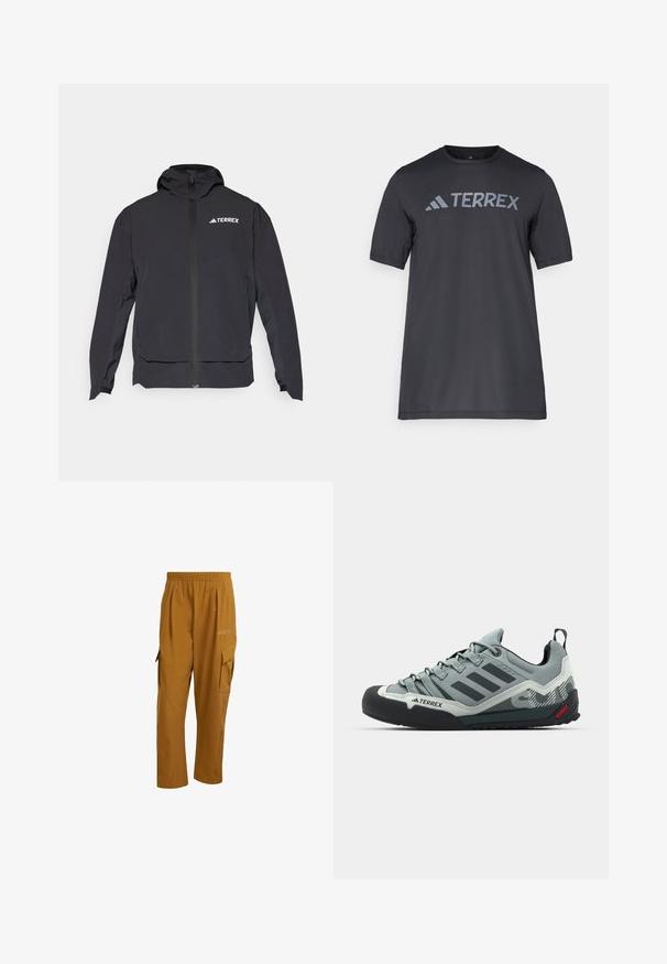 Zwarte Terrex-jas met een ritssluiting aan de voorkant, kap en logo aan de bovenlinkerzijde. Beschikt over een strak ontwerp en een zachte textuur.; Zwarte korte mouwen t-shirt van lichtgewicht stof, met een lichtgrijze "TERREX" logo over de borst en een ronde hals.; adidas Terrex Broek - bronze strata; Grijze klimschroeve met een gestructureerde bovenkant, zwarte rubberen neuskap, drie donkere strepen en een klein rood accent op de zool.
