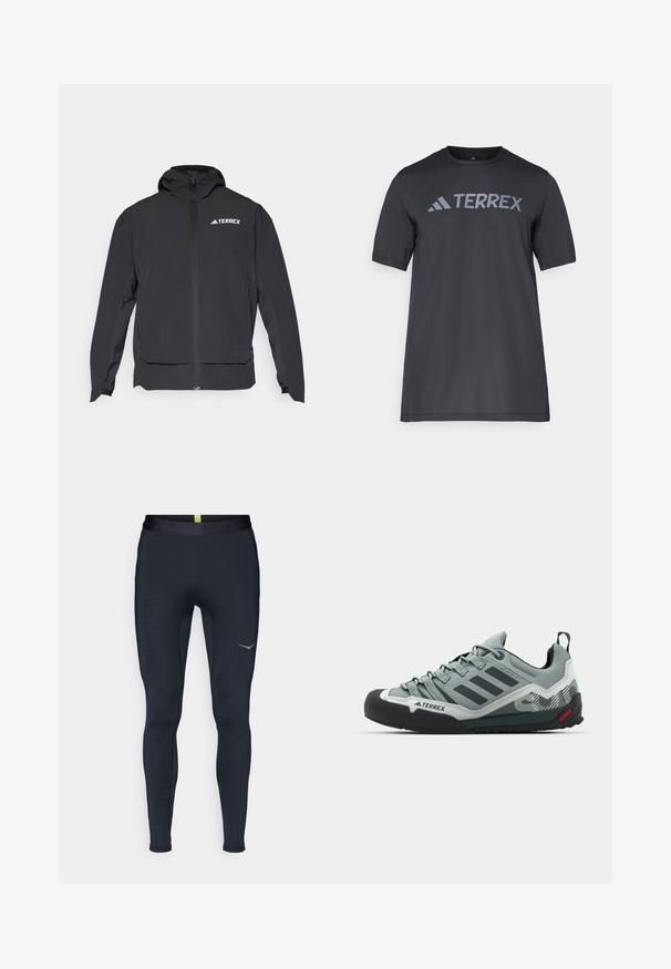 Črna jakna Terrex z zadrgo na sprednji strani, kapuco in logotipom na zgornji levi strani. Ponaša se z elegantnim dizajnom in gladko teksturo.; Črna majica s kratkimi rokavi iz lahkega materiala, ki ima odtisnjen svetlo sivi logotip "TERREX" čez prsi in okrogel izrez.; Mornarske športne legice iz raztegljivega materiala, z gladkim pasom, ožjim krojem in refleksnim logotipom na strani.; Sive plezalne copate z teksturiranim zgornjim delom, črnimi gumi prikritki na prstih, tremi temnimi črtami in majhnim rdečim poudarkom na podplatu.