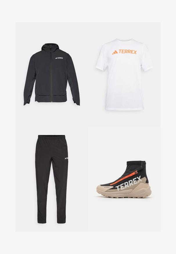 Jachetă Terrex neagră cu fermoar frontal, glugă și logo în partea stângă sus. Prezintă un design elegant și o textură netedă.; Cămașă sport albă cu mânecă scurtă, fabricată dintr-un material respirabil, având un logo portocaliu "TERREX" pe piept. Design simplu cu linii clare.; Pantaloni sport negri cu talie elastică, două buzunare laterale cu fermoar și un logo pe partea dreaptă a piciorului. Material neted și ușor.; adidas Terrex FREE 2 C.RDY - Cizme de iarnă - beige/core black/semi impact orange