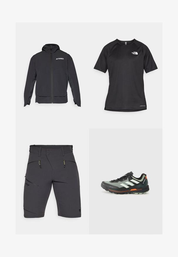 Must mängude värviline Terrex jope, millel on lukuga eesmine osa, kapuuts ja logo vasakul ülal. Omab sujuvat disaini ja pehmet tekstuuri.; Must mustreening, lühikeste varrukatega sportpoliis, millel on tekstuuriga kangas, valge logo vasakul rinnal ja sirge äär.; Dynafit TRANSALPER - Lühikesed püksid (õue) - black out; Kerge jalgsimatka jooksujalats halli ja mustavõrguga ülemise osaga, oranžide aktsentidega ning robustse väljastuse haardeks. Veekindel Gore-Tex vooder.