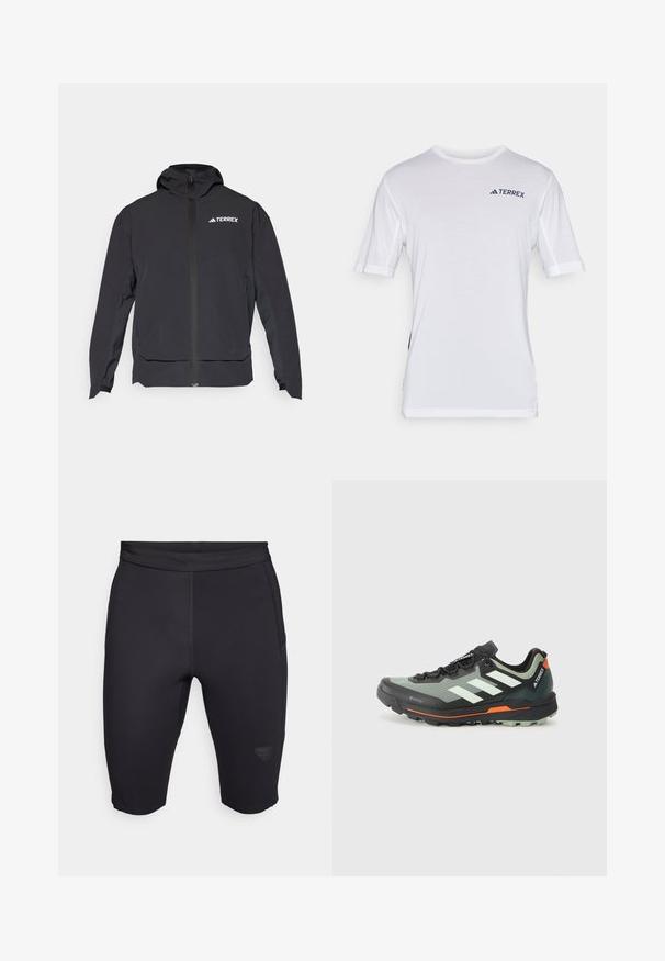 Crna Terrex jakna s patentnim zatvaračem sprijeda, kapuljačom i logotipom na gornjoj lijevoj strani. Ima elegantan dizajn i glatku teksturu.; Bijela kratka majica s mrežastim detaljima blizu ramena, s logotipom 'TERREX' u tamnoplavoj boji na prsima. Mekani materijal, regularan kroj.; Crne biciklističke kratke hlače napravljene od rastezljivog materijala, s glatkom teksturom, prilagođenim dizajnom i suptilnim logotipom na donjem dijelu noge.; Lagana trail trkačka cipela s gornjim dijelom od sive i crne mrežice, narančastim akcentima i robusnom potplatom za prianjanje. Vodootporna Gore-Tex podstava.