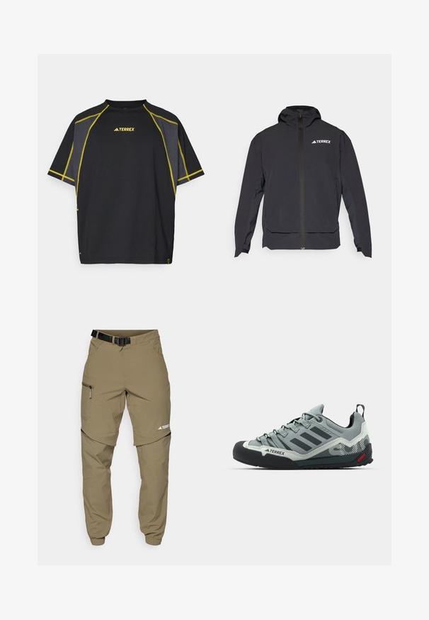 Svart Terrex-jakke med glidelås foran, hette og logo øverst til venstre. Har et strømlinjeformet design og glatt tekstur.; Svart kortermet T-skjorte med gule sømmer og detaljer, rund hals og avslappet passform. Inkluderer "TERREX"-logoen på fronten.; Kakhifargede friluftsbukser med justerbart svart belte, glidelåslommer, avsmalnende ermer og avtagbare underben for variert styling.; Grå klatresko med en teksturert overdel, svart gummitåhette, tre mørke striper og en liten rød aksent på sålen.