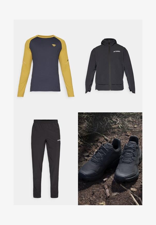Melnā Terrex jaka ar rāvējslēdzēju priekšpusē, ērtu kapuci un logotipu augšējā kreisajā pusē. Tai ir eleganta dizaina un gluda virsma.; Dynafit ALPINE melns; Melni sporta bikses ar elastīgu jostasvietu, divām sānu rāvējslēdzēju kabatām un logo augšējā labajā kājā. Gluds, viegls audums.; Melni sporta apavi ar struktūru adītu virsu, pastiprinātu pirkstu daļu un amortizētu zoli, izvietoti uz zemes, kurā ir izkaisīti zari.