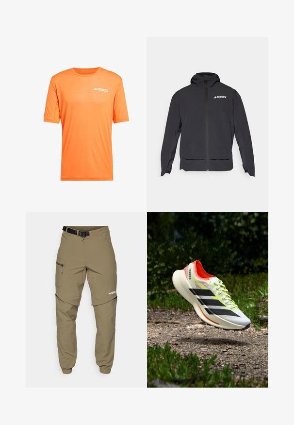 Chaqueta negra Terrex con cremallera frontal, capucha y logotipo en la parte superior izquierda. Presenta un diseño elegante y una textura suave.; Camiseta deportiva de manga corta naranja con cuello redondo, hecha de tela que absorbe la humedad, con un logo blanco en el pecho y detalles de malla.; Pantalones de exterior beige con cinturón, bolsillos laterales con cremallera y puños elásticos. Presentan un diseño desmontable para mayor versatilidad y una textura suave.; Zapatilla de running ligera en blanco con rayas negras, detalles en rojo y cordones amarillos; cuenta con una parte superior texturizada y suela acolchada.