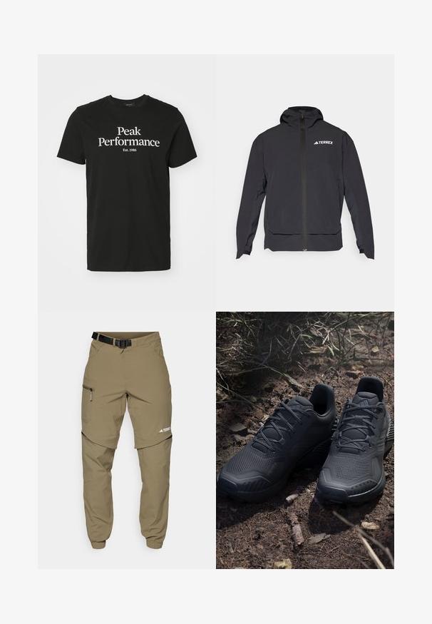 Melnā Terrex jaka ar rāvējslēdzēju priekšpusē, ērtu kapuci un logotipu augšējā kreisajā pusē. Tai ir eleganta dizaina un gluda virsma.; Melnas kokvilnas T-krekls ar balto grafisko druku, kurā rakstīts "Peak Performance Est. 1986." Ar apaļu kaklu un īsām piedurknēm.; Kaki āra bikses ar regulējamu melnu jostu, ar rāvējslēdzējiem kabatām, sašaurinātiem piedurknēm un noņemamām apakšējām kājām, nodrošinot daudzveidīgu stilu.; Melni sporta apavi ar struktūru adītu virsu, pastiprinātu pirkstu daļu un amortizētu zoli, izvietoti uz zemes, kurā ir izkaisīti zari.