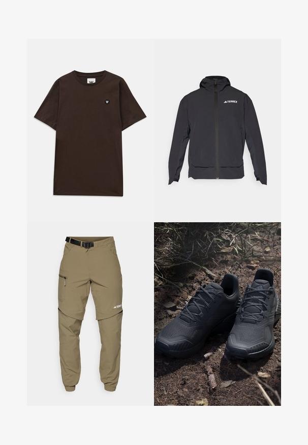 Giacca Terrex nera con zip frontale, cappuccio e logo in alto a sinistra. Presenta un design elegante e una texture liscia.; T-shirt a maniche corte di colore marrone scuro con scollatura rotonda e una piccola toppa logo nero e bianco sul lato sinistro del petto.; Pantaloni da esterno khaki con cintura nera regolabile, tasche con zip, polsini affusolati e gambe inferiori staccabili per uno stile versatile.; Scarpe da ginnastica nere con una tomaia in maglia texturizzata, punta rinforzata e suola ammortizzata, esposte su un terreno terroso con ramoscelli sparsi.