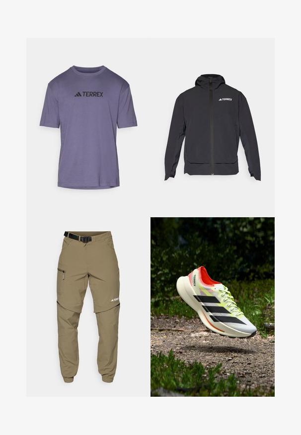 Svart Terrex-jakke med glidelås foran, hette og logo øverst til venstre. Har et strømlinjeformet design og glatt tekstur.; Lilla kortermet t-skjorte laget av glatt stoff, med en svart "TERREX" logo over brystet og rund hals.; Beige utendørsbukser med belte, glidelåslommer på siden og elastiske mansjetter. Har et glidelåsfrakoblingsdesign for allsidighet og en glatt tekstur.; Lett joggesko i hvitt med svarte striper, røde detaljer og gule lisser; har en teksturert overdel og dempet såle.
