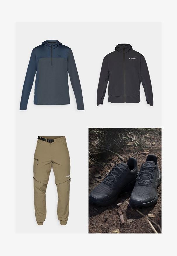 Black Terrex jacket with a zip front, hood, and logo on the upper left. Features a sleek design and smooth texture.; Navy blue long-sleeve pullover with a hood, featuring a half-zip design, textured fabric, and contrasting panels on the upper chest.; Khaki outdoor pants with a adjustable black belt, zippered pockets, tapered cuffs, and detachable lower legs for versatile styling.; Black athletic shoes with a textured knit upper, reinforced toe, and cushioned sole, displayed on earthy ground with scattered twigs.