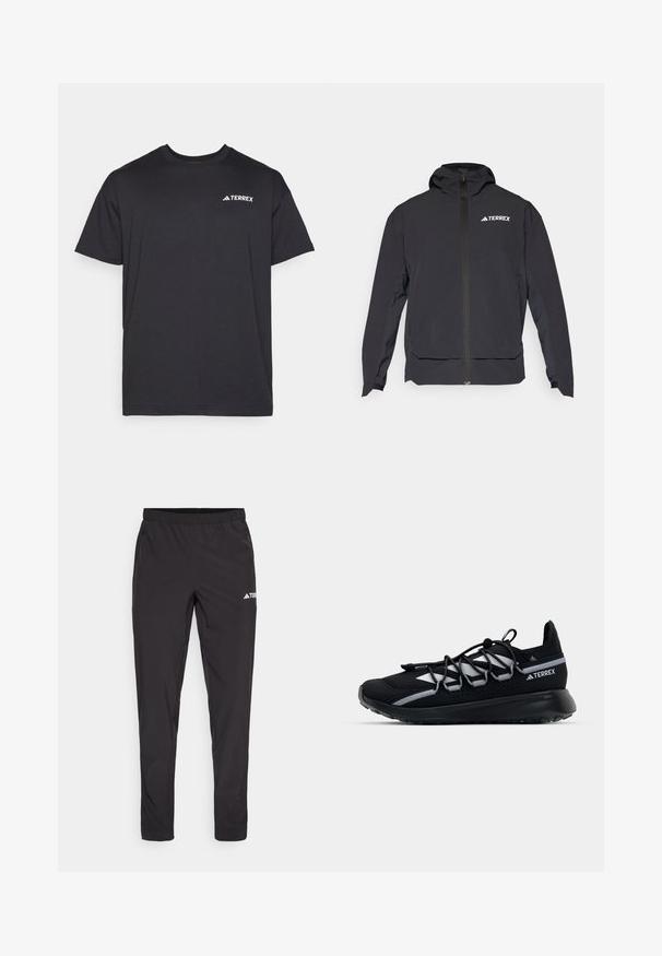 Svart Terrex-jakke med glidelås foran, hette og logo øverst til venstre. Har et strømlinjeformet design og glatt tekstur.; adidas Terrex NAT GEO AEROREADY GRAPHIC - T-skjorte til trening - black; Sorte treningsbukser med elastisk linning, to sideglidelommer og en logo på øvre høyre ben. Glatt, lettvektig stoff.; Sorte idrettssko med mesh-overdel, reflekterende detaljer, elastiske lisser og en teksturert gummisåle. Har et strømlinjeformet design for ytelse.