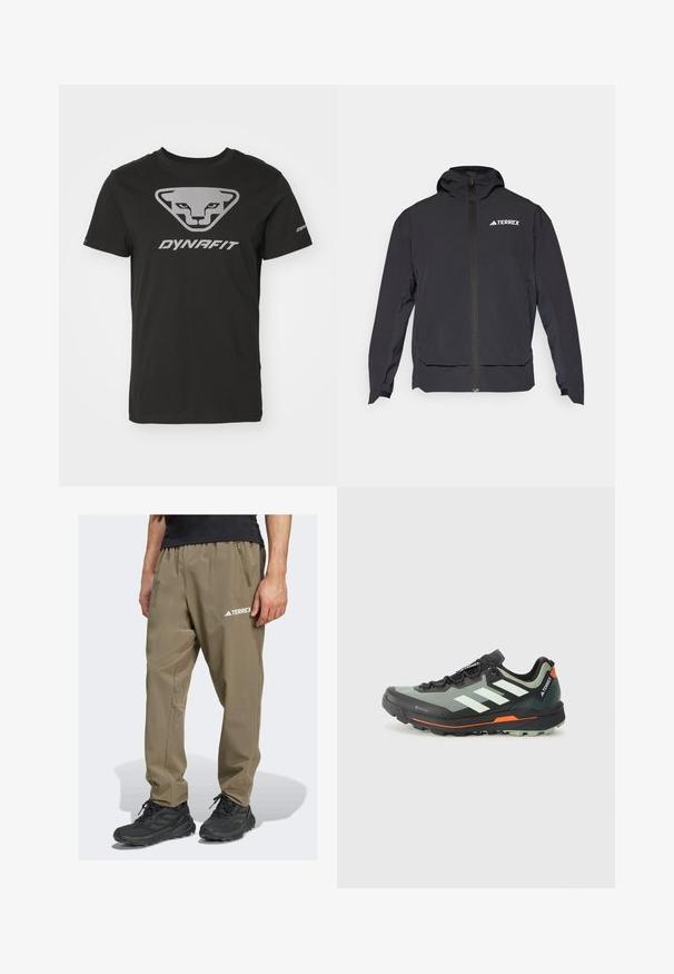 Giacca Terrex nera con zip frontale, cappuccio e logo in alto a sinistra. Presenta un design elegante e una texture liscia.; Maglietta nera in cotone con logo triangolare raffigurante un volto di animale stilizzato e testo "DYNAFIT" in argento. Maniche corte, design con collo a giro.; Pantaloni da trekking leggeri color khaki del marchio Terrex con vita elasticizzata, tasca laterale e dettaglio logo. Realizzati in tessuto resistente e traspirante.; Scarpa leggera da trail running con tomaia in mesh grigia e nera, dettagli arancioni e suola robusta per la trazione. Rivestimento impermeabile in Gore-Tex.