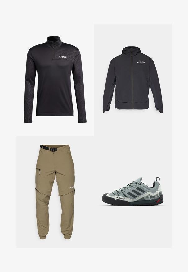 Black Terrex jacket with a zip front, hood, and logo on the upper left. Features a sleek design and smooth texture.; adidas Terrex TERREX MULTI HALF ZIP LONGSLEEVE TEE - Long sleeved top - black; Beige outdoor pants with a belt, zippered side pockets, and elastic cuffs. Features a zip-off design for versatility and a smooth texture.; Gray climbing shoes featuring a textured upper, black rubber toe cap, three dark stripes, and a small red accent on the sole.