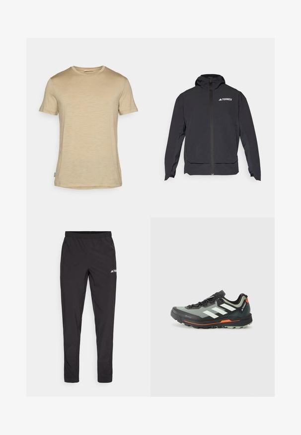 Svart Terrex-jakke med glidelås foran, hette og logo øverst til venstre. Har et strømlinjeformet design og glatt tekstur.; Beige kortermet t-skjorte laget av lett stoff; har rund hals og en subtil tekstur med rett avskjæring nederst.; Sorte treningsbukser med elastisk linning, to sideglidelommer og en logo på øvre høyre ben. Glatt, lettvektig stoff.; Lettvekt løpesko for terrengløp med et grått og svart mesh-overdel, oransje detaljer og en robust såle for godt grep. Vanntett Gore-Tex fôr.