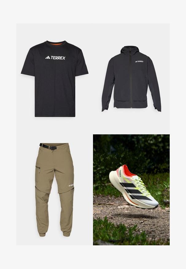 Musta Terrex-takki, jossa on vetoketju edessä, huppu ja logo vasemmassa yläkulmassa. Korostaa tyylikästä muotoilua ja sileää pintaa.; Mustat lyhythihaiset t-paidat, jotka on valmistettu pehmeästä kankaasta. Paidassa on pyöreä kaula-aukko ja valkoinen "TERREX" -logo rinnassa.; Beiget ulkoilu housut vyöllä, vetoketjullisilla sivutaskuilla ja joustavilla lahkeensuilla. Varustettu irrotettavalla osalla monipuolisuutta varten ja sileällä pinnalla.; Kevyt juoksukenkä valkoisena, mustilla raidoilla, punaisilla yksityiskohdilla ja keltaisilla nauhoilla; siinä on teksturoitu päällinen ja pehmustettu pohja.