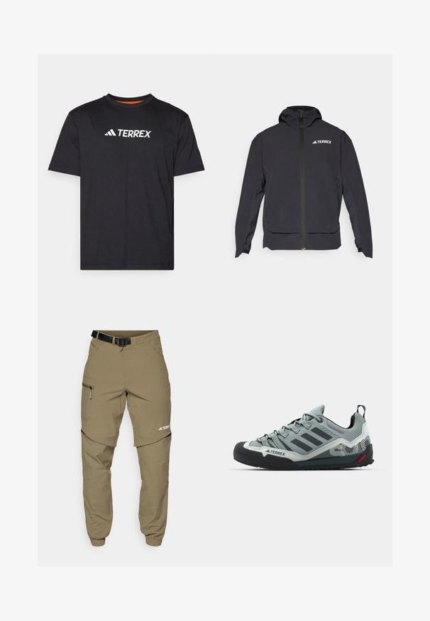 Juodas Terrex džemperis su užtrauktuku priekyje, kepure ir logotipu viršutiniame kairiajame kampe. Turi stilingą dizainą ir lygią tekstūrą.; Juodas trumpomis rankovėmis marškinėliai, pagaminti iš minkštos medžiagos, su apvaliu iškirpimu ir baltu "TERREX" logotipu ant krūtinės.; Kaki lauko kelnės su reguliuojamu juodu diržu, užtrauktukais užsegamomis kišenėmis, siaurėjančiais klešniais ir nuimamomis apatinėmis dalimis, skirtomis įvairiems stiliams.; Pilkos lipimo bateliai su tekstūruotu viršumi, juodu guminiu pirštu, trimis tamsiomis juostelėmis ir mažu raudonu akcentu ant padų.