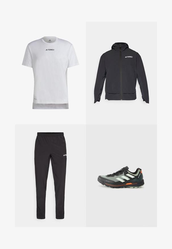 Schwarze Terrex-Jacke mit einem Reißverschluss vorne, Kapuze und Logo auf der oberen linken Seite. Verfügt über ein elegantes Design und eine glatte Textur.; adidas Terrex TERREX MULTI - T-Shirt basic - white; Schwarze Sporthose mit einem elastischen Bund, zwei seitlichen Reißverschlusstaschen und einem Logo am oberen rechten Bein. Glattes, leichtes Material.; Leichtgewichtiger Trailrunning-Schuh mit einem grauen und schwarzen Mesh-Obermaterial, orangefarbenen Akzenten und einer robusten Außensohle für besseren Halt. Wasserdichte Gore-Tex-Beschichtung.
