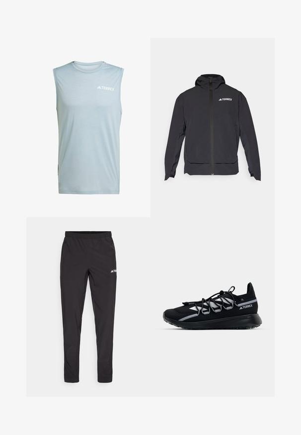 Čierna bunda Terrex so zipsom vpredu, kapucňou a logom na hornej ľavej strane. Vyniká elegantným dizajnom a hladkou textúrou.; Svetlo modré bezrukávové športové tričko vyrobené z ľahkého materiálu, s okrúhlym výstrihom a bielym logom "TERREX" na prednej strane.; Čierne športové nohavice s elastickým pásom, dvoma bočnými zipsovými vreckami a logom na hornej pravej nohe. Hladká, ľahká tkanina.; Čierna športová obuv s vrchnou časťou z mäkkej sieťoviny, reflexné detaily, elastické šnúrky a textúrovaná gumová podrážka. Vyznačuje sa štíhlym dizajnom pre vysoký výkon.