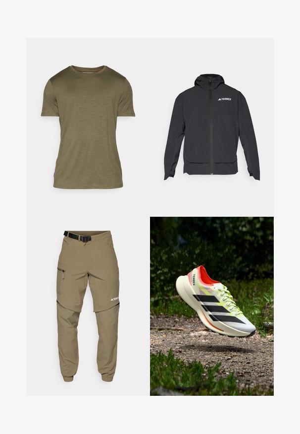 Juodas Terrex džemperis su užtrauktuku priekyje, kepure ir logotipu viršutiniame kairiajame kampe. Turi stilingą dizainą ir lygią tekstūrą.; Trumpas rankovėmis marškinėliai olivų žalios spalvos medvilnės mišinio, su apvaliu iškirpimu, subtilia tekstūra ir maža logotipo etikete prie apačios.; Smėlio spalvos laisvalaikio kelnės su diržu, užtrauktukais užsegamomis šoninėmis kišenėmis ir elastingais rankogaliais. Turi atsegamą dizainą, leidžiantį įvairiai naudoti, bei lygų paviršių.; Lengvo svorio bėgimo batelis baltos spalvos su juodomis juostelėmis, raudonomis detalėmis ir geltonais raišteliais; turi faktūruotą viršutinę dalį ir paminkštintą pado dalį.