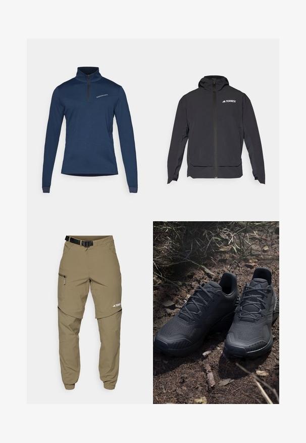 Giacca Terrex nera con zip frontale, cappuccio e logo in alto a sinistra. Presenta un design elegante e una texture liscia.; Pullover a maniche lunghe blu navy con zip al collo, realizzato in tessuto morbido. Presenta un design con pannello diagonale e un logo discreto sul petto.; Pantaloni da esterno khaki con cintura nera regolabile, tasche con zip, polsini affusolati e gambe inferiori staccabili per uno stile versatile.; Scarpe da ginnastica nere con una tomaia in maglia texturizzata, punta rinforzata e suola ammortizzata, esposte su un terreno terroso con ramoscelli sparsi.