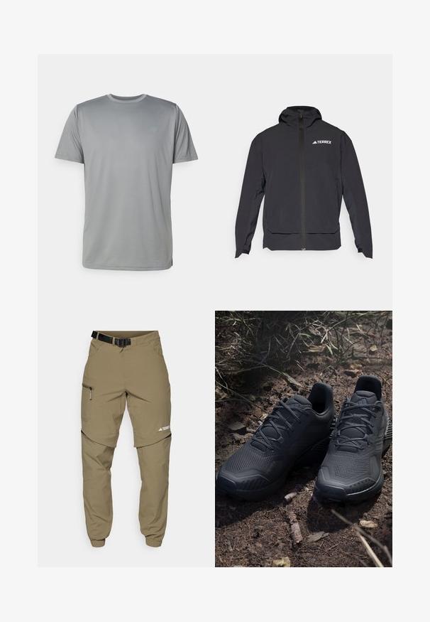 Μαύρο μπουφάν Terrex με φερμουάρ μπροστά, κουκούλα και λογότυπο στο επάνω αριστερό μέρος. Διαθέτει κομψό σχέδιο και λεία υφή.; New Balance Αθλητικό μπλουζάκι - slate grey; Χακί εξωτερικές παντελόνες με ρυθμιζόμενη μαύρη ζώνη, τσεπάκια με φερμουάρ, στενές μανσέτες και αφαιρούμενα κάτω μέρη για ευέλικτο στυλ.; Μαύρα αθλητικά παπούτσια με υφή πλεκτό άνω μέρος, ενισχυμένη μύτη και αφρώδη σόλα, τοποθετημένα σε γήινο έδαφος με διασκορπισμένα κλαδάκια.