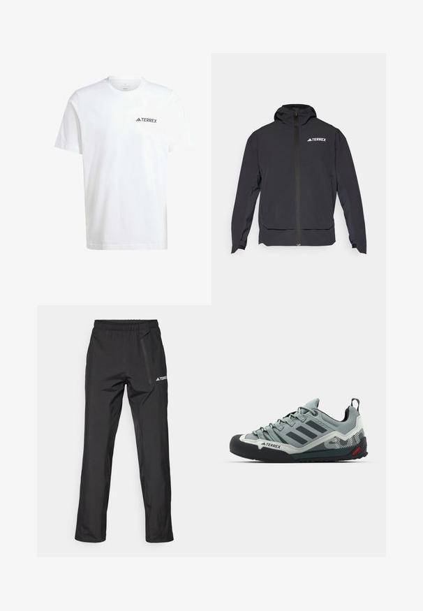 Czarna kurtka Terrex z zamkiem z przodu, kapturem i logo na górze z lewej strony. Posiada elegancki design i gładką teksturę.; Biała bawełniana koszulka z krótkim rękawem, z małym czarnym logo "TERREX" na lewej klatce piersiowej. Klasyczny krój z okrągłym dekoltem.; Czarne lekkie spodnie outdoorowe z elastycznym pasem, kieszeniami na suwak i nadrukowanym logo. Gładka faktura i prosty krój nogawek.; Szare buty do wspinaczki z fakturowaną cholewką, czarną gumową osłoną palców, trzema ciemnymi paskami i małym czerwonym akcentem na podeszwie.