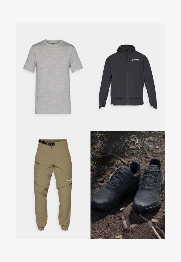 Μαύρο μπουφάν Terrex με φερμουάρ μπροστά, κουκούλα και λογότυπο στο επάνω αριστερό μέρος. Διαθέτει κομψό σχέδιο και λεία υφή.; Γκρι μελάνι κοντομάνικο μπλουζάκι με στρογγυλή λαιμόκοψη, υφή υφάσματος και μικρή λογότυπη λεπτομέρεια στο στήθος. Ελαφρύ σχέδιο.; Μπεζ παντελόνια εξωτερικού χώρου με ζώνη, τσέπες στο πλάι με φερμουάρ και ελαστικά μανσέτα. Διαθέτουν αποσπώμενο σχεδιασμό για ευελιξία και λείο υφή.; Μαύρα αθλητικά παπούτσια με υφή πλεκτό άνω μέρος, ενισχυμένη μύτη και αφρώδη σόλα, τοποθετημένα σε γήινο έδαφος με διασκορπισμένα κλαδάκια.