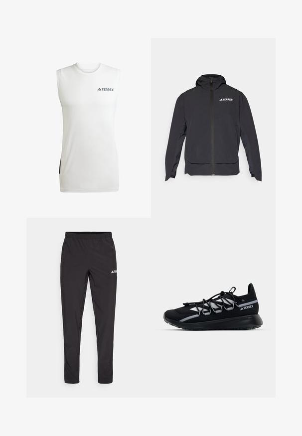Veste Terrex noire avec fermeture éclair à l'avant, capuche et logo en haut à gauche. Elle présente un design élégant et une texture lisse.; T-shirt de sport sans manches blanc en tissu évacuant l'humidité, avec un col rond et des accents latéraux noirs arborant le logo Terrex.; Pantalons de sport noirs avec taille élastique, deux poches zippées sur les côtés et un logo sur la cuisse droite. Tissu lisse et léger.; Chaussure de sport noire avec une tige en mesh, des accents réfléchissants, des lacets élastiques et une semelle en caoutchouc texturée. Présente un design épuré pour la performance.