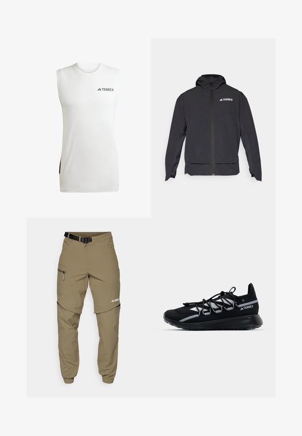 Giacca Terrex nera con zip frontale, cappuccio e logo in alto a sinistra. Presenta un design elegante e una texture liscia.; Maglietta sportiva bianca senza maniche realizzata in tessuto traspirante, con scollatura rotonda e dettagli laterali neri con il logo Terrex.; Pantaloni da esterno khaki con cintura nera regolabile, tasche con zip, polsini affusolati e gambe inferiori staccabili per uno stile versatile.; Scarpa da ginnastica nera con tomaia in rete, dettagli riflettenti, lacci elastici e suola in gomma testurizzata. Presenta un design elegante per le prestazioni.