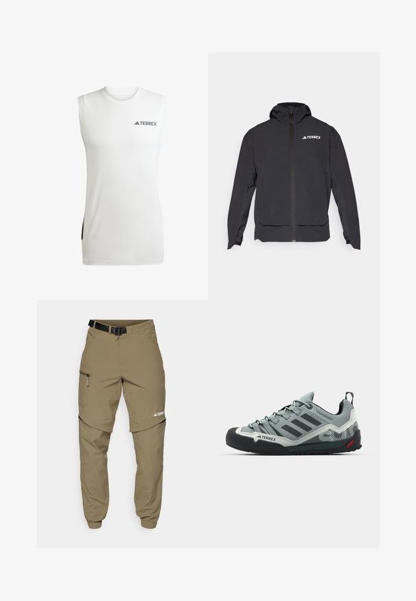 Sort Terrex jakke med lynlås fortil, hætte og logo på øverste venstre side. Har et slankt design og glat tekstur.; Ærmeløs hvid træningsskjorte lavet af fugttransporterende stof, med rund halsudskæring og sorte sideaksenter med Terrex-logoet.; Khaki udendørs bukser med en justerbar sort bælte, lynlås-lommer, smalle ankler og aftagelige nederste ben til alsidig styling.; Grå klatresko med en tekstureret overdel, sort gummitåkappe, tre mørke striber og et lille rødt accent på sålen.