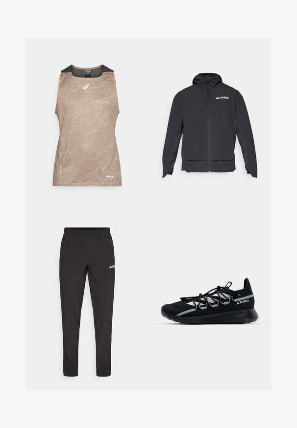 Giacca Terrex nera con zip frontale, cappuccio e logo in alto a sinistra. Presenta un design elegante e una texture liscia.; Top atletico senza maniche color tan con motivo testurizzato, caratterizzato da dettagli in rete nera sul collo e sulle braccia, e un piccolo logo sul davanti.; Pantaloni sportivi neri con vita elasticizzata, due tasche laterali con zip e un logo sulla parte superiore della gamba destra. Tessuto liscio e leggero.; Scarpa da ginnastica nera con tomaia in rete, dettagli riflettenti, lacci elastici e suola in gomma testurizzata. Presenta un design elegante per le prestazioni.