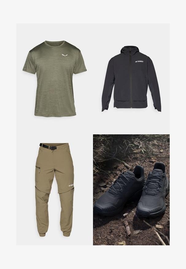 Fekete Terrex dzseki cipzárral elöl, kapucnival és logóval a bal felső részen. Sleek dizájnjával és sima textúrájával emelkedik ki.; Olívazöld, rövid ujjú póló, texturált anyagból készült, kis fehér logóval a mellkasán és kerek nyakkivágással.; Khaki színű kültéri nadrág állítható fekete övvel, cipzáras zsebekkel, szűkített szárakkal és levehető alsó lábrésszel a sokoldalú stílus érdekében.; Fekete sportcipők texturált kötött felsőrésszel, megerősített orral és párnázott talppal, földes talajon láthatók, szanaszét heverő ágacskákkal.