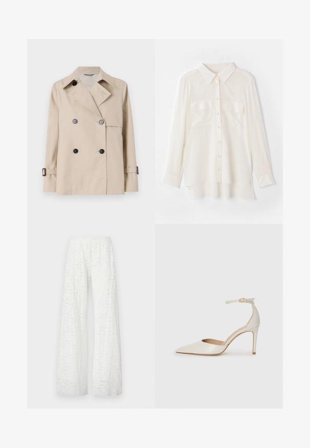 Weekend Max Mara BIGLIA - Giacca da mezza stagione - ice; Camicia bianca a maniche lunghe realizzata in tessuto leggero. Presenta un colletto classico, due tasche sul petto e un orlo posteriore leggermente più lungo.; Pantaloni bianchi a gamba larga con un elastico in vita, che presentano un motivo in pizzo floreale testurizzato su tutto il tessuto.; Scarpa col tacco alto in pelle bianca con punta affusolata, cinturino alla caviglia e tacco a stiletto sottile. Texture liscia con una finitura leggermente lucida.