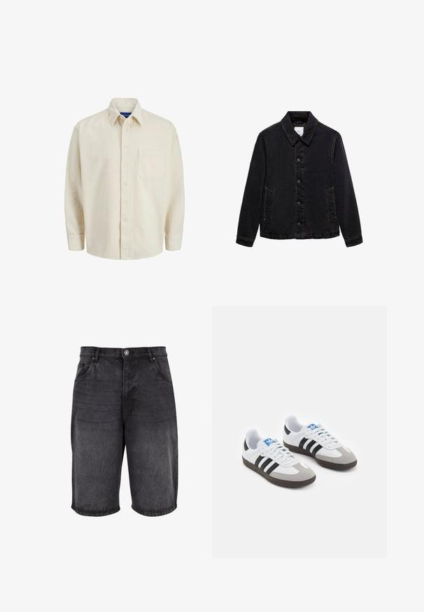 Schwarze Jeansjacke mit spitzem Kragen, Knopfverschluss vorne und zwei seitlichen Taschen. Sie verfügt über kontrastierende Nähte und eine lockere Passform.; Beige Corduroy-Hemd mit Knopfleiste, Kragen, langen Ärmeln und einer einzelnen Brusttasche. Mit schmalen vertikalen Streifen.; Drei ärmellose T-Shirts in Grau, Weiß und Schwarz. Weiches Baumwollmaterial mit Rundhalsausschnitt und lockerer Passform. Einfaches Design, keine Muster.; Schwarze Jeansshorts mit lockerer Passform, fünf Taschen Design und Knopfverschluss. Der Stoff hat eine glatte Textur mit dezentem Verblassen.; Sportschuhe mit einem Obermaterial aus weißem Leder, grauer Wildleder-Zehenkappe und drei schwarzen Streifen. Sie verfügen über ein blaues Logo auf der Zunge und eine strukturierte Gummisohle.