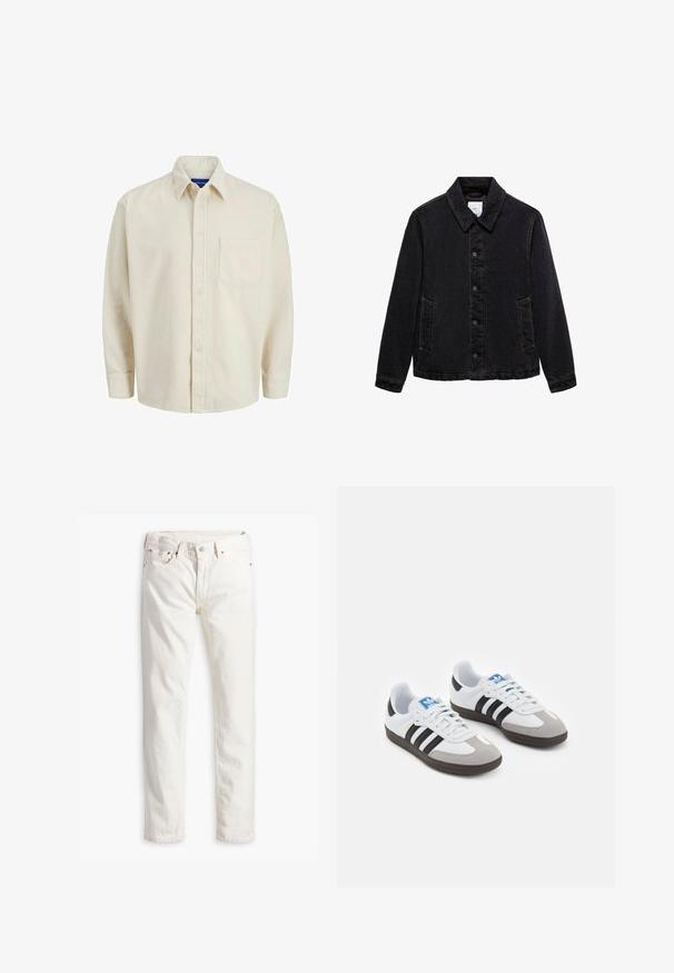 Mustat farkkutakki, jossa on terävä kaulus, etupainikkeet ja kaksi sivutaskua. Ominaisuuksiin kuuluu kontrastiväriset ompeleet ja rento malli.; Beige corduroy-paita nappisuljennuksella, kauluksella, pitkillä hihoilla ja yhdellä rintataskulla. Sisältää kapeita pystysuoria raidoituksia.; Kolme ilmanhihaista t-paitaa harmaana, valkoisena ja mustana. Pehmeä puuvillakangas, pyöreä pääntie ja rento malli. Yksinkertainen muotoilu, ei kuvioita.; Valkoiset farkut suoralla leikkauksella, viidellä taskulla, kuparinapit ja niitit sekä hienovaraisesti teksturoitu kangas. Ei näkyviä kuvioita.; Urheilukengät, joissa on valkoinen nahkainen päällinen, harmaa mokkanokka ja kolme mustaa raitaa. Ominaisuuksina sininen logo kielekkeessä ja kuvioitu kumipohja.