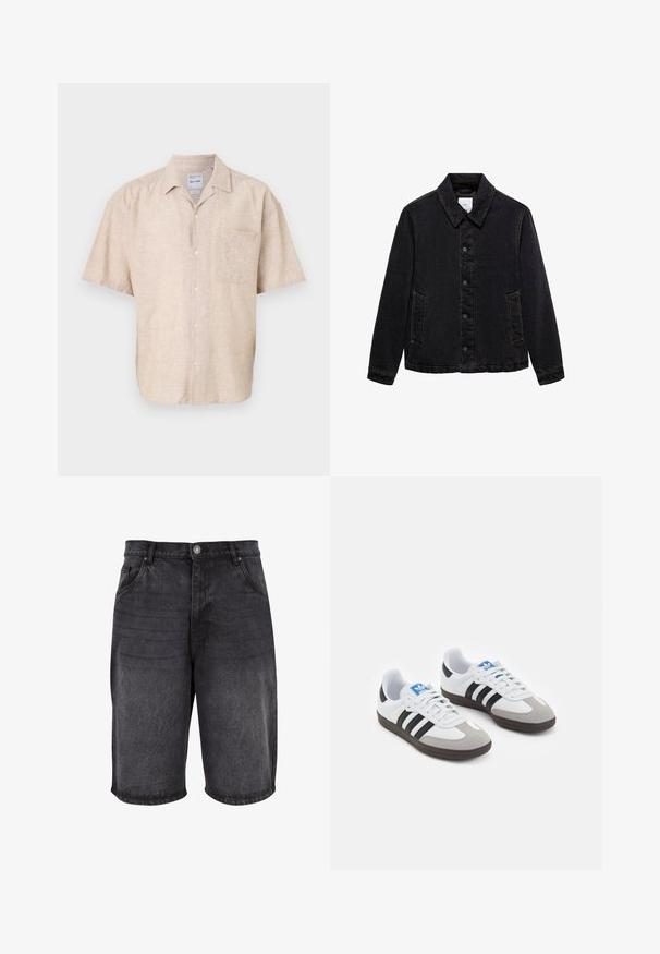 Black denim jacket with a pointed collar, front button closure, and two side pockets. Features contrasting stitching and a relaxed fit.; Short-sleeve button-up shirt in beige linen blend, featuring a chest pocket, subtle texture, and a classic collar design.; Three sleeveless t-shirts in gray, white, and black. Soft cotton material with a crew neck and relaxed fit. Simple design, no patterns.; Black denim shorts featuring a relaxed fit, five-pocket design, and a button closure. The fabric has a smooth texture with subtle fading.; Sport shoes with a white leather upper, gray suede toe, and three black stripes. Features a blue logo on the tongue and a textured rubber sole.