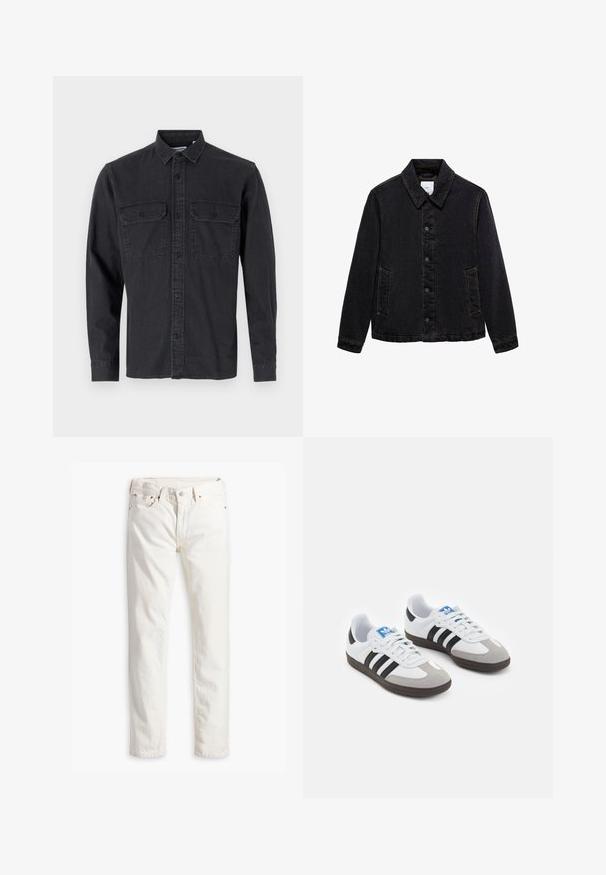 Black denim jacket with a pointed collar, front button closure, and two side pockets. Features contrasting stitching and a relaxed fit.; Long-sleeve, dark gray button-up shirt made of cotton blend, featuring two chest pockets and classic collar design.; Three sleeveless t-shirts in gray, white, and black. Soft cotton material with a crew neck and relaxed fit. Simple design, no patterns.; White denim jeans with a straight cut, five pockets, copper button and rivets, and a subtle textured fabric. No visible patterns.; Sport shoes with a white leather upper, gray suede toe, and three black stripes. Features a blue logo on the tongue and a textured rubber sole.