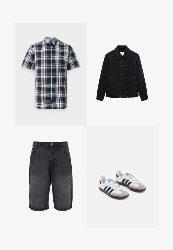 Zwarte denimjack met een puntige kraag, sluiting met knopen aan de voorkant en twee zijzakken. Kenmerkt zich door contrasterende stiksels en een relaxte pasvorm.; Korte mouwen geruite shirt in marineblauw, groen en bordeauxrood met een knoopsluiting aan de voorkant, kraag en enkel borstzakje. Katoenen stof.; Drie mouwloze T-shirts in grijs, wit en zwart. Zacht katoenmateriaal met een ronde hals en een relaxte pasvorm. Eenvoudig ontwerp, geen patronen.; Zwarte denim short met een relaxte pasvorm, vijf zakken en een knoopsluiting. De stof heeft een zachte textuur met subtiele vervaging.; Sportschoenen met een witte leren bovenkant, grijze suède neus en drie zwarte strepen. Bevat een blauw logo op de tong en een gestructureerde rubberen zool.