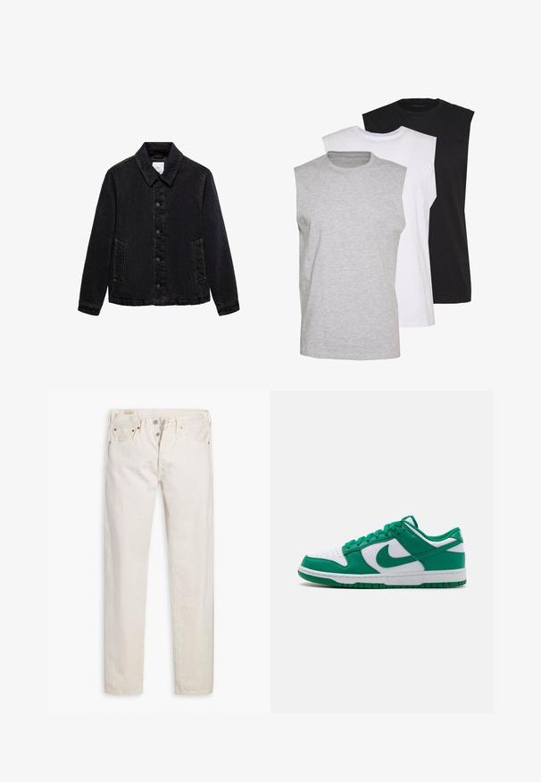 Crna traper jakna s šiljastim ovratnikom, prednjim kopčanjem na dugmad i dva bočna džepa. Sadrži kontrastne šavove i ležeran kroj.; Trii bezrukavnih majica u sivoj, bijeloj i crnoj boji. Mekani pamučni materijal s okruglim izrezom i opuštenim krojem. Jednostavan dizajn, bez uzoraka.; Off-white traperice visokog struka uskog kroja s dugmadi, pet džepova i bakrenim zakovicama, položene ravno na bijeloj pozadini.; Zeleni i bijeli Nike Dunk tenisice s glatkom kožnom površinom, perforiranim vrhom, zelenim vezicama i gumeni potplat s teksturiranim uzorkom.