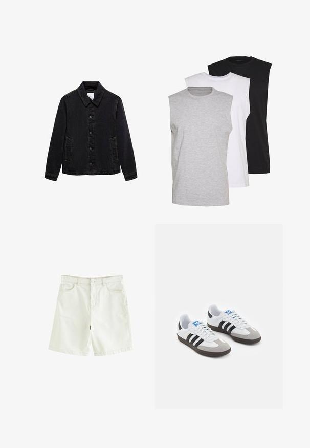 Crna traper jakna s šiljastim ovratnikom, prednjim kopčanjem na dugmad i dva bočna džepa. Sadrži kontrastne šavove i ležeran kroj.; Trii bezrukavnih majica u sivoj, bijeloj i crnoj boji. Mekani pamučni materijal s okruglim izrezom i opuštenim krojem. Jednostavan dizajn, bez uzoraka.; Bijele traperice kratke hlače ravnog kroja, s pet džepova, prednjim zakovicama i vidljivim šavovima. Glatka textura.; Sportske cipele s gornjištem od bijele kože, sivi suedinasti nos i tri crne pruge. Imaju plavi logo na jeziku i teksturiranu gumenu podlogu.